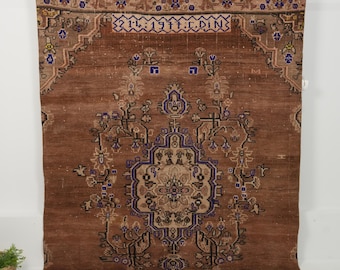 Vintage Turkish Rug 6x7, Handwoven | Brown Wool Antique Kars Rug 1977s, Living Room Bedroom Rustic Decor, 5'8" x 7'1"