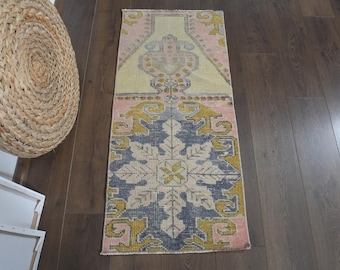 Vintage Hand-Knotted Wool Rug, Turkish Oushak Kitchen Runner (1'8"x4')