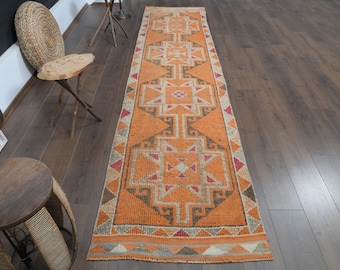 Alfombra de pasillo vintage de lana turca, alfombra ecléctica para escaleras en tonos naranja y rosa (81 x 366 cm)