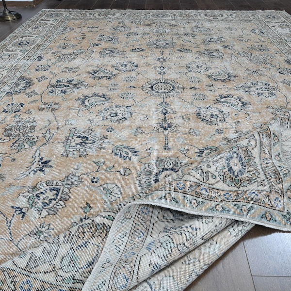 Large Vintage Turkish Oushak Rug, Floral Ikat, 8'3x11'6 ft