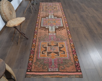 Alfombra turca vintage tipo pasillo, decoración de escalera en tonos naranja y rosa (3x10'7 pies)