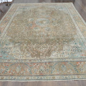 10x13 PERSIAN OVERSIZED RUG, Living Room Rug, Large Area Rug, Home Decor, Vintage Rug, Green Persian Rug, 10x13 Area Rug, Handmade Area Rug