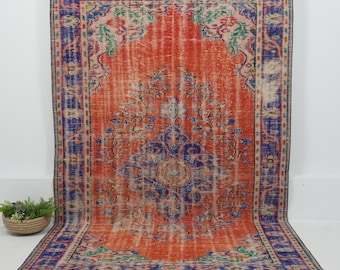 Vintage Turkish Rug 6x10, Handwoven | Orange, Navy Wool Antique Oushak 1970s, Living Room Bedroom Farmhouse Decor, 6'1" x 9'7"