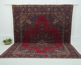 Vintage Wool Rug 10x13, Handwoven | Red Antique Oushak Bohemian 1960, Living room, Bedroom Farmhouse Decor, 9'5" x 12'7"