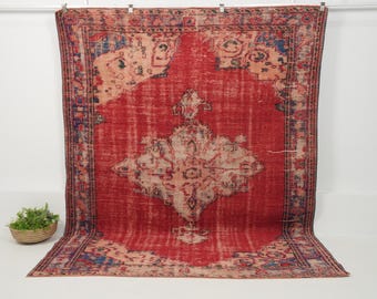 Vintage Turkish Rug 7x9, Handwoven | Red Wool Antique Oushak 1970s, Living Room Bedroom Farmhouse Decor, 7'2" x 9'