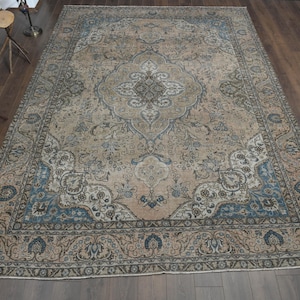 9&#39;4x13&#39;4 ft, VINTAGE TURKISH RUG, Antique Oversized Rug, Area Rug, Orange Blue Rug, Anatolian Rug, Minimalist Rug, Boho Decor, 9x13 Area Rug