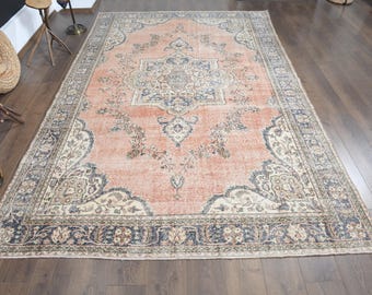 7&#39;1x11&#39;4 ft, VINTAGE TURKISH RUG, Handwoven Rug, Home Decor, Living Room Rug, Orange Beige Rug, Eclectic Rug, Tufted, Oushak Wool Rug, 7x11