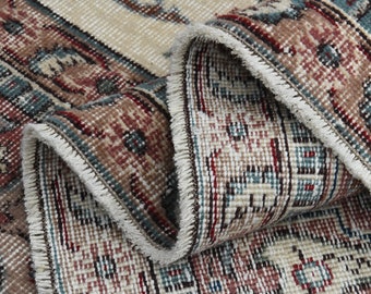 200x300cm, OVERSIZED TÜRKISCHER TEPPICH, Handgeknüpfter Teppich, Großer Vintage Oushak Wollteppich, Beige Rosa Türkischer Teppich