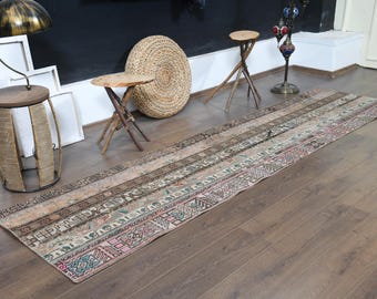 Tribal Patchwork Runner Rug, 2x10 ft, Vintage Turkish Handmade Wool