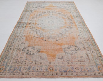 Vintage Turkish Oushak Rug, Handwoven Wool, Orange Beige Brown (6.1x9.8 ft)