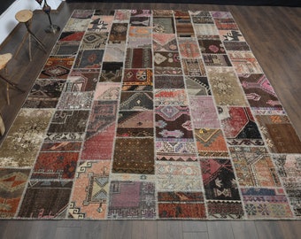 Großer Bunter Patchwork-Teppich aus Vintage-Handgeknüpfter Wolle 27x33 cm