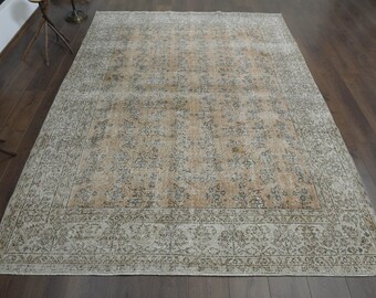 7x9.8 ft Vintage Hand-Knotted Wool Oushak Rug, Floral Turkish Rug