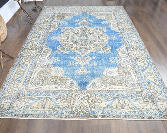 Oversized Blue Turkish Oushak Rug, Vintage Wool Area Rug (7'1x10'2 ft)
