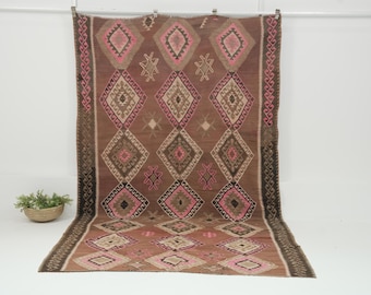 Vintage Turkish Rug 6x8, Handwoven | Pink Brown Wool Antique Kilim 1970s, Living Room Bedroom Rustic Decor, 6'3" x 7'8"