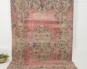 Vintage Wool Rug 6x9, Handmade | Pink Antique Turkish Oushak Area 1960, Living room, Bedroom Farmhouse Decor, 6'3" x 8'10"