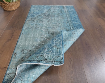 Klein vintage Turks wollen vloerkleed, blauwbruin oushak, 2 x 4 inch