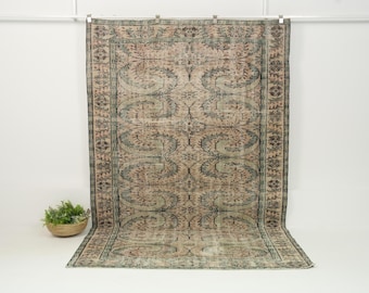 6x9 Beige Vintage Turkish Handwoven Rug | Beige Green Wool Area Rug for Bedroom, Unique Oriental Oushak Rug, Antique Rug for Home Decor