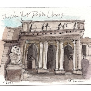 Fine Art Print of Watercolor Travel Painting - &quot;The New York Public Library, 5th Avenue & 42nd Street&quot;