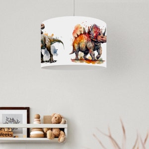 Dinosaur lamp for children&#39;s rooms – with T-Rex and Triceratops – handmade lampshade as ceiling lamp or table lamp – colorful & cool