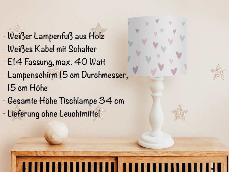 Lampe Mädchen Herzen, Lampenschirm rosa Kinderzimmer, Kinderzimmerlampe Decke Kinder Tischlampe Höhe 34 cm