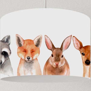Handmade lampshade animals – ceiling lamp and table lamp for the children&#39;s room with fox, deer, rabbit & raccoon – natural colors