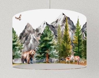 Lampenschirm Wald und Berge Waldtiere, Lampenschirm Landschaft, Deckenlampe grün, Lampenschirm Wohnzimmer Küche Wald