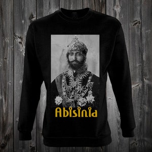 Unisex sweatshirt without hood, Haile Selassie, Abyssinia, king of kings, ethiopia, rastafari jamaica and ethiopia, hand printed with gold ink
