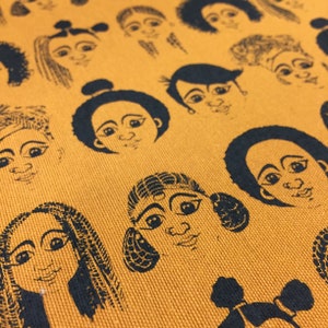 Hand-screened fabric featuring African women&#39;s hairstyles, Ethiopian hair, and Afro hair. Black women with different hairstyles.