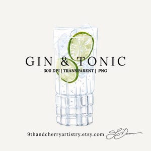 Illustration Clipart Aquarelle Gin Tonic | Graphique cocktail aquarelle | Boisson signature |  PNG | Signe de mariage | Menu du bar