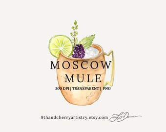 Moskou muilezel aquarel clipart illustratie | Aquarel cocktailafbeelding | Signature-drankje |  PNG | Trouwbord | Barmenu