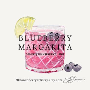 Illustrazione clipart acquerello di Margarita ai mirtilli / Grafica cocktail acquerello / Drink esclusivo / PNG / Cartello matrimonio / Menu bar