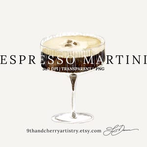 Ilustração em aquarela de Espresso Martini | Gráfico de coquetel em aquarela | Bebida exclusiva | PNG | Placa de casamento | Cardápio de bar