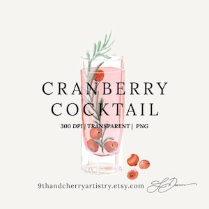 Illustrazione clipart acquerello cocktail al mirtillo rosso / Grafica cocktail acquerello / Drink esclusivo / PNG / Cartello matrimonio / Menu bar Mocktail
