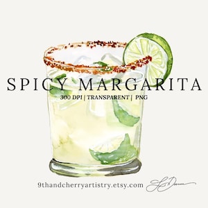 Illustration Clipart Aquarelle Margarita Épicée | Graphique cocktail aquarelle | Boisson signature |  PNG | Signe de mariage | Menu du bar