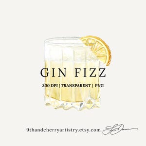 Gin Fizz Limoncello Aquarell Clipart Illustration | Aquarell Cocktail Grafik | Signature Drink |  PNG | Hochzeit Zeichen | Bar-Speisekarte