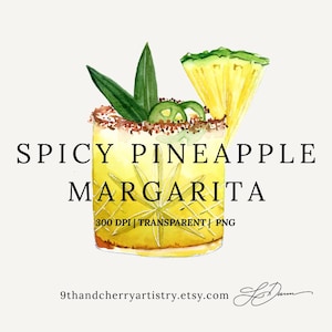 May include: Watercolor illustration of a Spicy Pineapple Margarita cocktail. The drink is in a yellow glass with a brown rim, garnished with green leaves, jalapeño slices, and a pineapple wedge. Text reads "Spicy Pineapple Margarita".