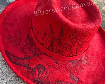 Hand-burned Floral Steer Head Red Rancher Cowboy Hat  display picture 2