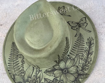 Sage green floral moth hat Hand burned cowboy hat cowboy hat Ladies western explorer  hat wedding hat Wide brim fedora