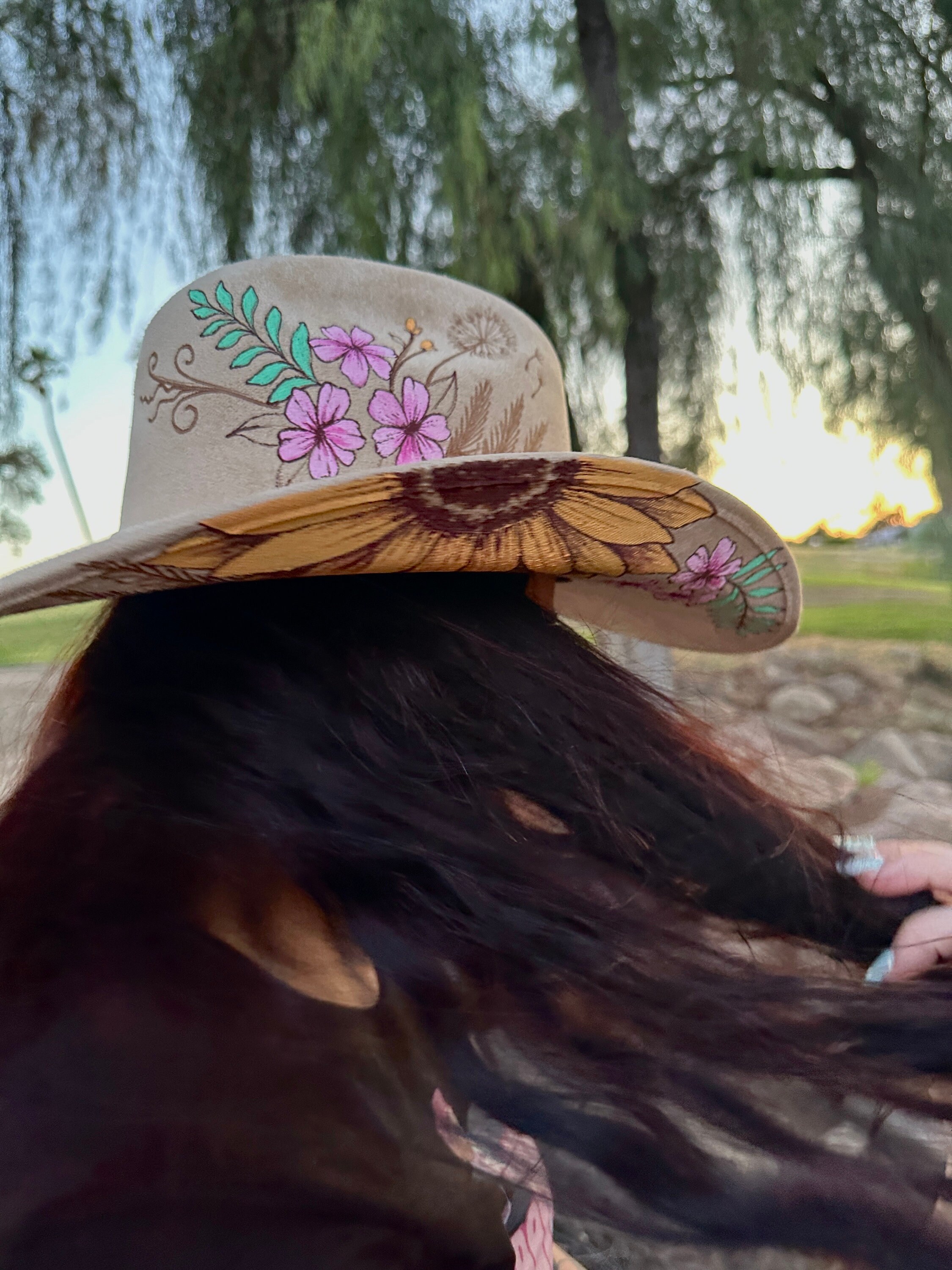 Floral Tan Hand Painted Cowboy Hat Western Boho Style - Etsy display picture 3
