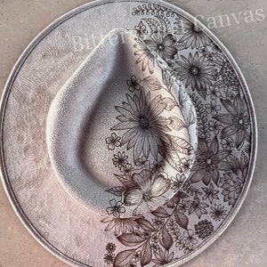 Split floral burned hat taupe, personalized rancher hat, poppies hat, boHo festival hat, bridal party gifts, statement hat, garden sunhat