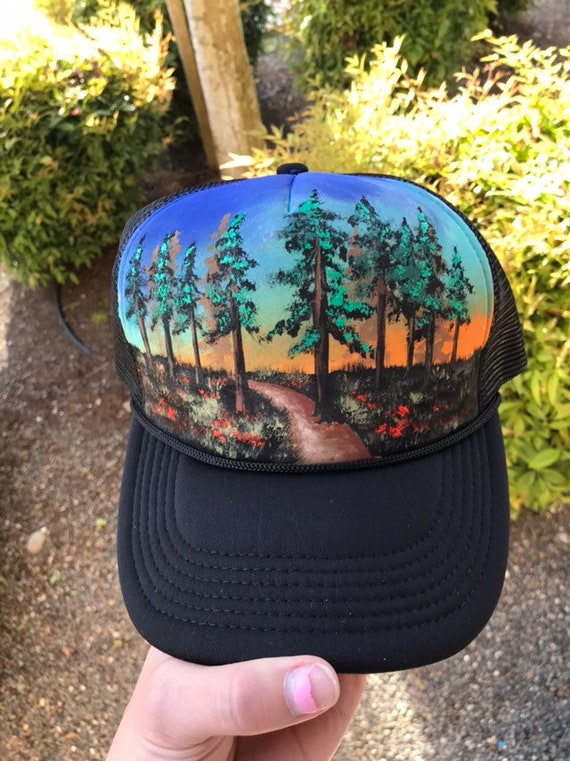 hiking Trail hat / painted SnapBack / custom trucker hat bittersweet canvas