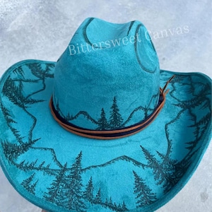 Teal turquoise mountain hat cowgirl burned hat suede hat cowboy hat Ladies western hat Wide brim fedora hippie rancher
