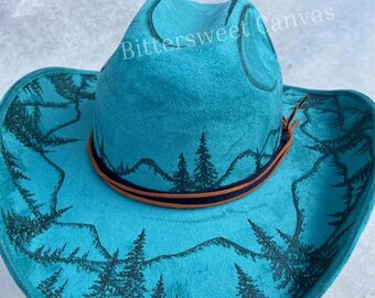 Teal turquoise mountain hat cowgirl burned hat suede hat cowboy hat Ladies western hat Wide brim fedora hippie rancher