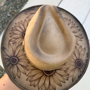 Tan floral distressed hat Hand burned cowboy hat lady gambler cowboy hat Ladies western hat Floral wedding hat Wide brim fedora