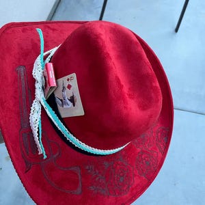 Red revolver hat burned cowboy hat Flower cowboy hat Ladies western hat Floral wedding hat Wide brim fedora hippie rancher hat