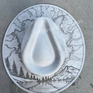 Mt rainier grey hat Hand burned cowboy hat cowboy hat Ladies western explorer  hat wedding hat Wide brim fedora
