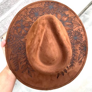 Tobacco floral burned wildflower hat Flower cowboy hat Ladies western hat Floral wedding hat Wide brim fedora hippie rancher hat