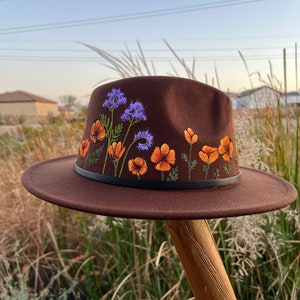 Brown wildflower hat, personalized rancher hat, wide brim fedora, hats for women, botanical gardener fedora, BoHo hat, bridal party gift