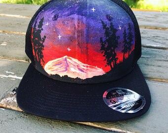 Handpainted trucker cap / flat bill / night sky / mountain painting / painted hat