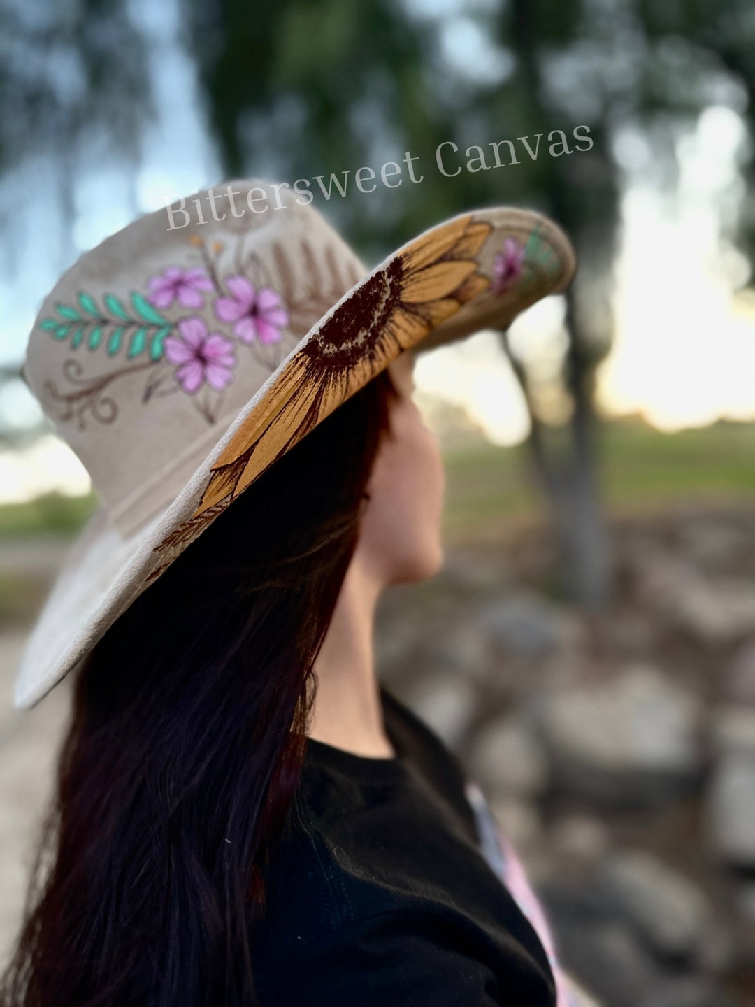 Hand-Painted Floral Cowboy Hat in Tan with Pink Flowers Stupell Industries Pink Floral Cowboy Hat Plants & Flowers  main image 2